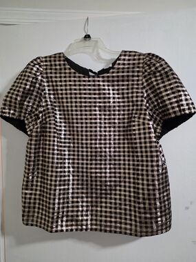 J. Crew Gold and Black Gingham Puff-Sleeve Top